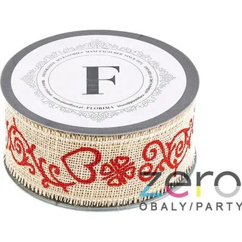 Stuha Stuha jutová 4,5 cm x 5 m - krémová s červeným tiskem