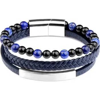 Náramek B-TOP Pánský kožený náramek s přírodním kamenem - modrý