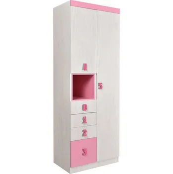 Šatní skříň Dvoudvéřová policová skříň O2V4F dub bílý/růžová NUMERO