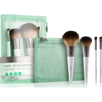 EcoTools On-The-Go Style štětec na stínování a přechody 1 ks + štětec na pudr a tvářenku 1 ks + štětec na blending 1 ks + zkosený štětec na oční linku 1 ks + cestovní taška 1 ks
