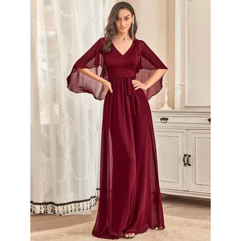 Dámské šaty Elegantní šaty s volánovými rukávy a krajkovým topem Barva: Bordová, Velikost: S