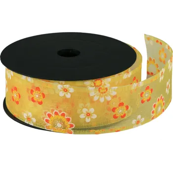 Svatební dekorace Organzaová stuha s potiskem květu 4 cm x 9 m KW02 104 žlutá