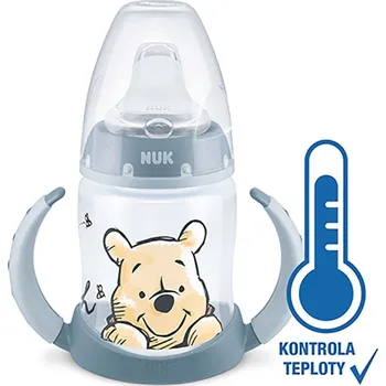 dětská jídelní sada Kojenecká láhev na učení NUK Medvídek Pú s kontrolou teploty 150 ml šedá