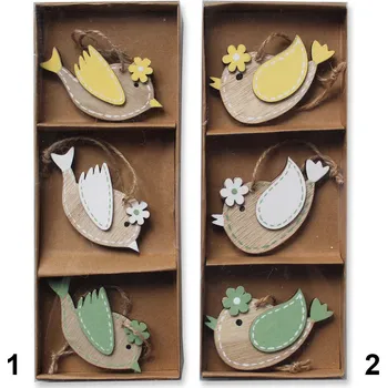 Velikonoční dekorace Ptáček závěs dřevo 3ks/8,2cm mix (539400)
