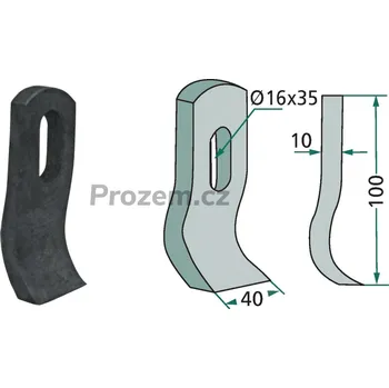 Pracovní nůž Mulčovací nůž pro Gilbers, Herder, Mulag, 100/10/16x35 mm