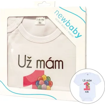 Kojenecký body Body s potiskem New Baby Už mám 1 rok růžové - dárkové balení, vel. 80 (9-12m)