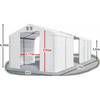 Zahradní stan Skladový stan 6x15x3,5m střecha PVC 580g/m2 boky PVC 500g/m2 konstrukce ZIMA PLUS Bílá Bílá Bílá
