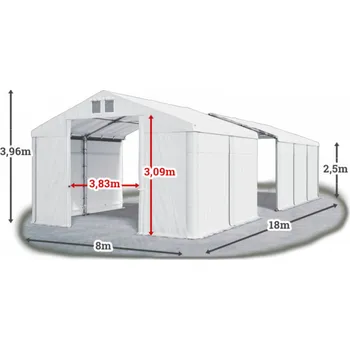 Zahradní stan Skladový stan 8x18x2,5m střecha PVC 560g/m2 boky PVC 500g/m2 konstrukce ZIMA Bílá Bílá Bílá
