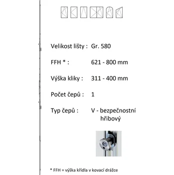 Dveřní kování ROTO NX - Lišta převodu - variabilní Typ / Výška křídla / Počet čepů: Gr.580 / 621-800 / 1, Typ čepu: V - hřibový bezpečnostní