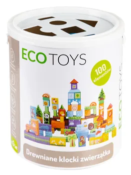 dřevěná hračka Eco Toys Dřevěné kostky v kyblíku 100 ks zvířátka