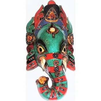 GANESHA dřevěná maska, vykládaná tyrkysem a korálem /1