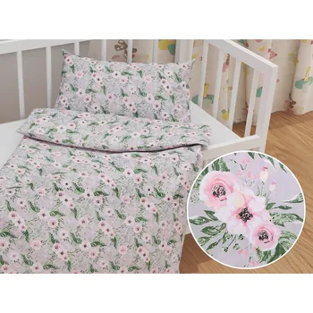 Povlečení Dětské bavlněné povlečení do postýlky Sandra SA-178 Kvetoucí růže na šedém Do postýlky 100x135 a 40x60 cm