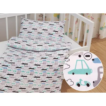 Povlečení Dětské bavlněné povlečení do postýlky Sandra SA-199 Autíčka a autobusy Do postýlky 90x130 a 40x60 cm