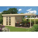 Srubový domek s přístřeškem 28 mm Dellinger 600X300 (Zahradní srubový domek 28 mm)