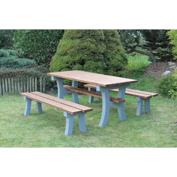 Zahradní lavice Výhodný set betonového stolu a 2 laviček bez opěradla Pekárek Barva prken: Prkna bez barvy (neošetřené), Ošetření betonových nohou: Pohledový beton, Délka prken: Prodloužené 180 cm