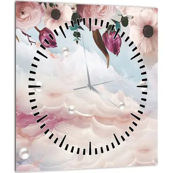 Obraz LuxusniObrazy.cz Obraz růžových květů s růžovým mramorem (s hodinami)