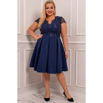 Dámské šaty Koktejlové midi šaty s krajkou Premium značka - XL Barva: Tmavě Modrá, Velikost: XL