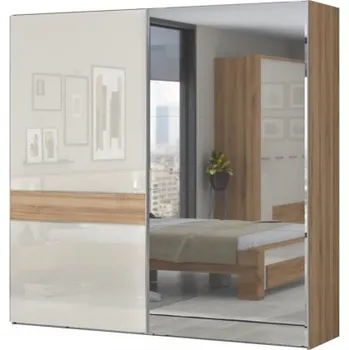 Šatní skříň Široká skříň posuvná 2D se zrcadlem Hagop-ořech pacifik/béžová - s rámem
