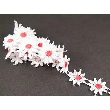 Vzdušná krajka kytička - bílá s červeným středem - šířka 2,5 cm