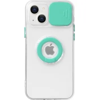 Pouzdro na mobilní telefon Transparentní kryt s držákem na prst a krytkou kamery pro iPhone 13 mini - tyrkysový