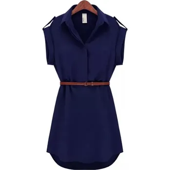 Dámské šaty Čína Dámské ležérní šifonové šaty košilového vzhledu s páskem Barva: tmavě modrá, Velikost: XXL