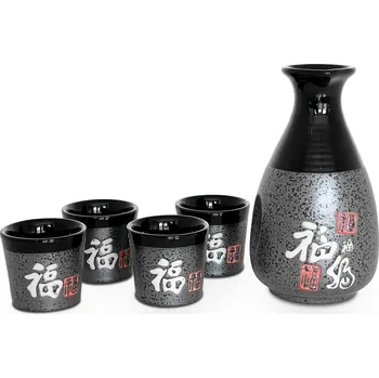 Čajová souprava Made in China Saké souprava se znakem Fu - Porcelán - Šedo černý