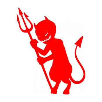 Samolepicí dekorace na vozidlo Čert 004 levá šibal s vidlemi (74 - Fluorescentní červená) SAMOLEPKA NA AUTO, NÁLEPKA, FÓLIE, POLEP, TUNING, VLASTNÍ TEXT, TISK, AUTOSAMOLEPKY.cz, POLEPY, OBRÁZEK, LOGO, 3D STICKERS