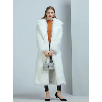 Dámský kabát Dlouhý kožich zimní kabát chlupatý Barva: Bílá, Velikost: L