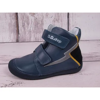 Chlapecké polobotky D.D.step Celoroční kožené boty obuv BAREFOOT D. D. step A063-144 kotníkové modré s reflexním prvkem velikost: 35