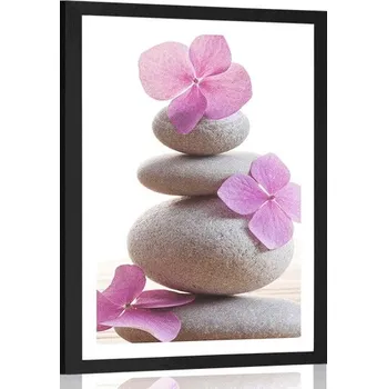 Plakát Dovido Plakát s paspartou balancí kamenů a růžové orientální květiny