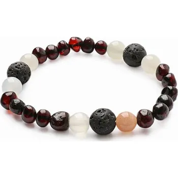 Drahý kámen Jantarový náramek s měsíčním kamenem, achátem a lávovými kameny obvod cca 16 až 20 cm