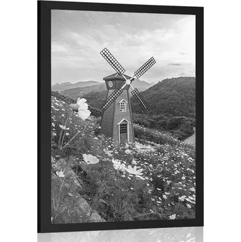 Plakát Dovido Plakát louka u kouzelného mlýna v černobílém provedení