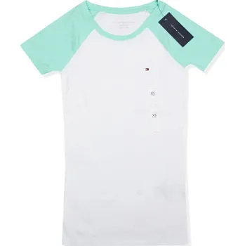 Dámské tričko Tommy Hilfiger Bavlněné Dámské Tričko bílé se zelenkavými rukávy
