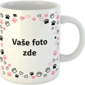 Hrneček s vlastní fotkou a tlapkami se srdíčky okolo - 330ml bílý Barva: Růžová