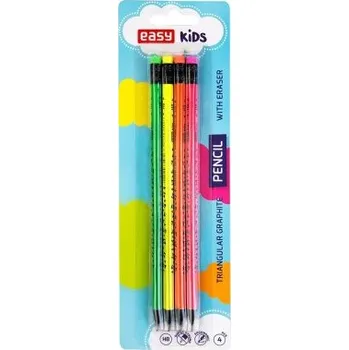 EASY Kids FLUO Sada grafitových trojhranných tužek s gumou, HB, 4 barvy