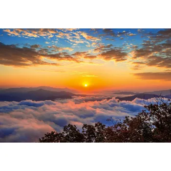 Fototapeta DIMEX | Vliesová fototapeta Západ slunce na horami MS-5-2317 | 375 x 250 cm| modrá, žlutá, oranžová, šedá + Vliesová fototapeta na stěnu DIMEX Západ slunce na horami MS52317 v rozměru 375 x 250 cm + lepidlo zdarma