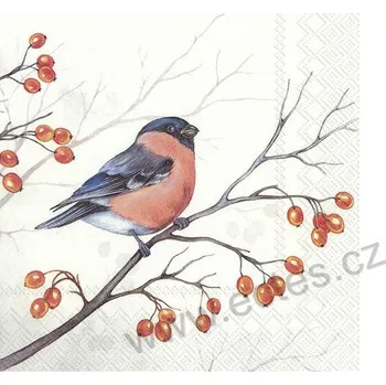 Papírový ubrousek IHR DREAMING WINTER BIRD papírový dekorační ubrousek na découpage ptáček hýl a červené šípky
