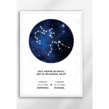 Plakát Plakát ZNAMENÍ V SOUHVĚZDÍ, ZÁŘIVÁ OBLOHA, pro pár Velikost: Plakát A4 (bez rámu), Barva rámu: Černá, Barva plakátu: Tmavě modrá s bílým pozadím