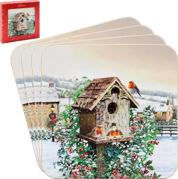 prostírání Leonardo, Anglie Leonardo - Korkové prostírání pod skleničky, Ptáčci u budky v zimě 4 ks - 10*10 cm