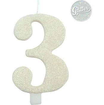 Dortová svíčka Svíčka číslo 3 bílá s glitrem 9,5 cm gi50803