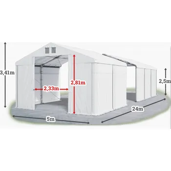 Zahradní stavba Skladový stan 5x24x2,5m střecha PVC 560g/m2 boky PVC 500g/m2 konstrukce ZIMA PLUS Bílá Bílá Bílá