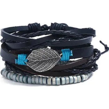 Náramek B-TOP Pánský vícevrstvý kožený náramek List - černá/ modrá