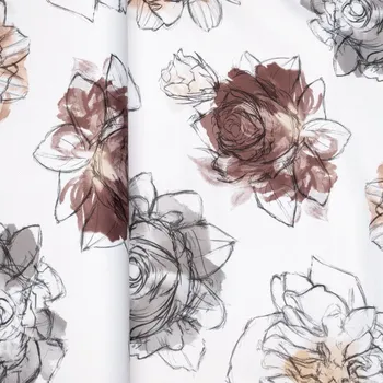 Tegatex Látka závěsovina metráž- černé a hnědé květy na bílém podkladu