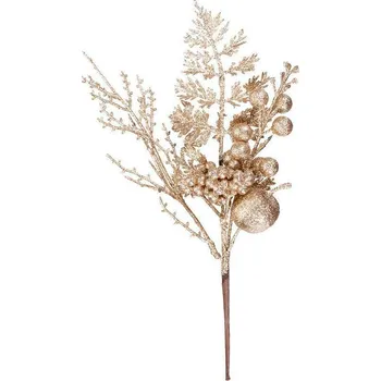 Vánoční dekorace Vetvička MagicHome Vianoce, s jabĺčkom a bobuľami, zlatá, 28 cm