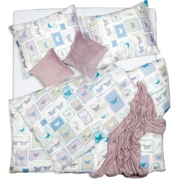 Povlečení SCANquilt povlečení SATÉN PLUS známky-motýli bílomodrofialová 140 x 200/70 x 90 cm