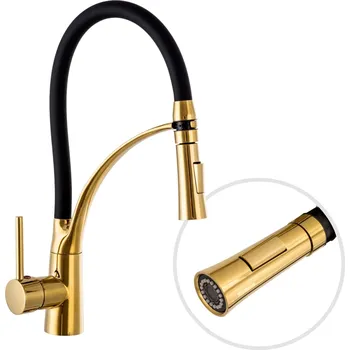 Vodovodní baterie Gamma Nexo, stojánková vysoká kuchyňská baterie s flexibilním ramenem a sprškou, černá matná-zlatá lesklá, GMA-BNO-GD