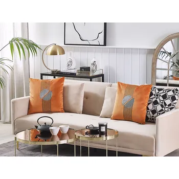 Polštář Sada 2 rozptylových polštářů Oranžový samet 45 x 45 cm Glamour Zip Geometrický vzor Obývací pokoj Ložnice Beliani