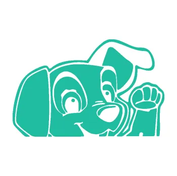 Polep vozidla Pes 177 pravá mává z auta (25 - tyrkysová) SAMOLEPKA NA AUTO, NÁLEPKA, FÓLIE, POLEP, TUNING, VLASTNÍ TEXT, TISK, AUTOSAMOLEPKY.cz, POLEPY, OBRÁZEK, LOGO, 3D STICKERS