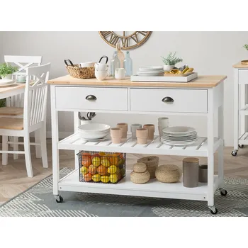 Servírovací stolek Servírovací vozík bílá MDF deska gumová dřevěná borovice 91 x 120 x 48 cm venkovský styl moderní elegantní velký úložný prostor obývací pokoj Beliani