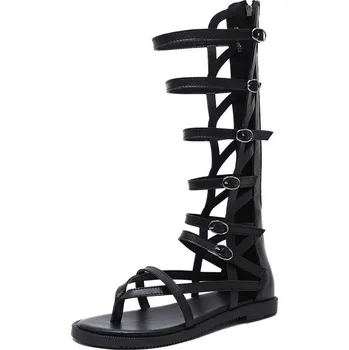 Dámské kozačky Letní dámské kozačky kožené gladiátorky páskové Barva: Černá, Velikost: 35